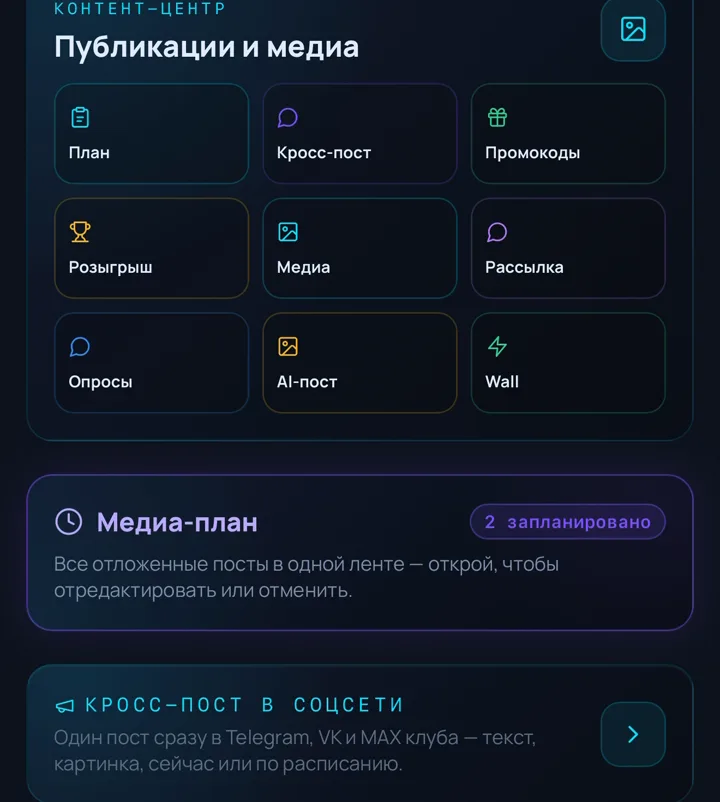 Контент-центр: план, кросс-пост, промокоды, розыгрыши